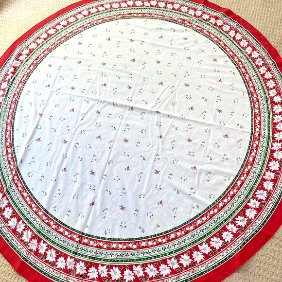 Vintage Christmas Tablecloth White Cotton Red & Green Border Oval Retro Holiday - Picture 7 of 7